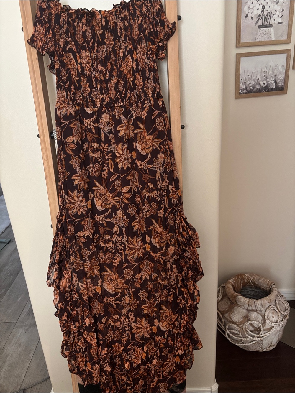 Shona Joy Brown & Tan Floral Off-Shoulder Maxi Dress